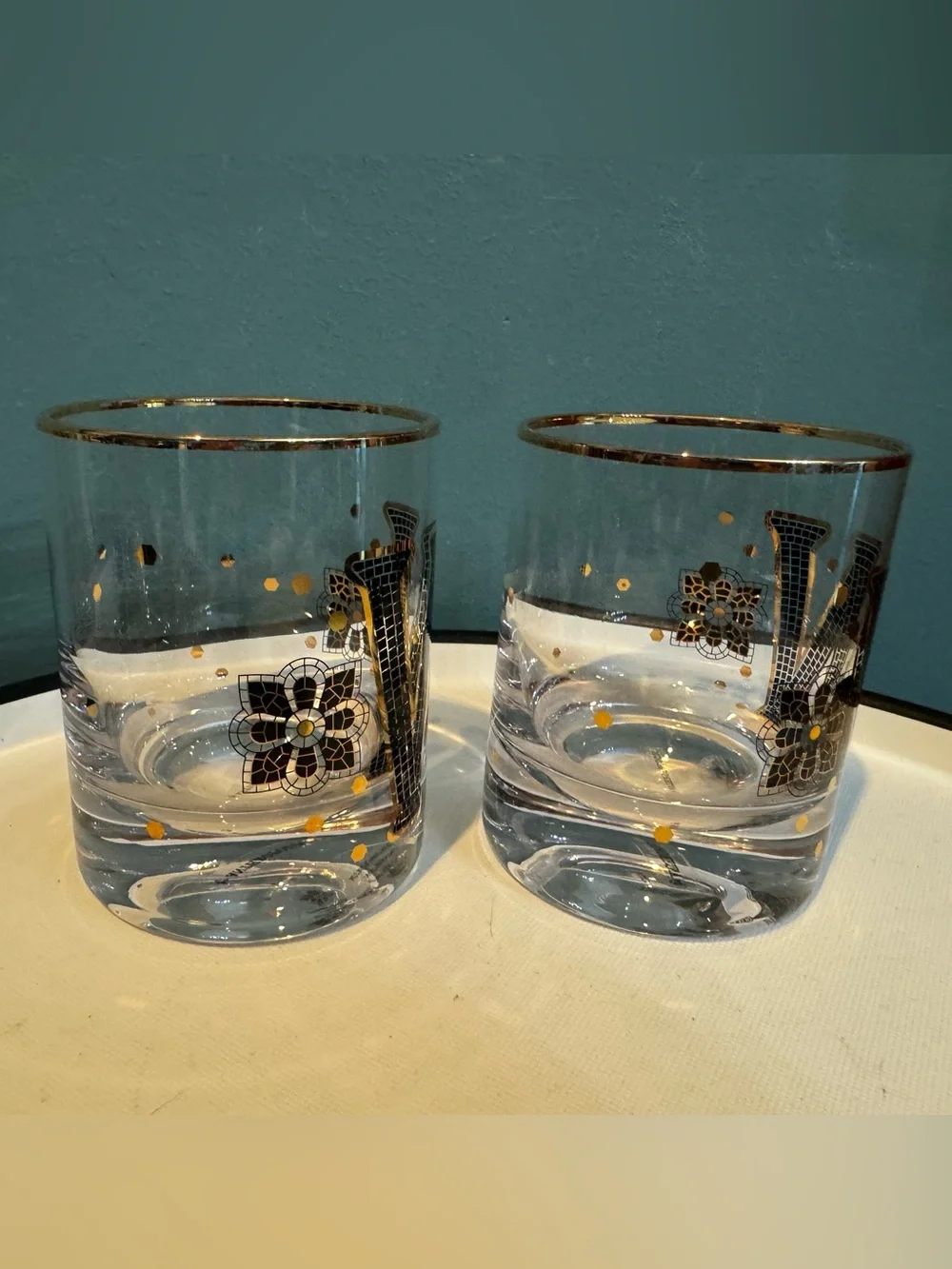 Pair of Anthropologie Bistro Tile Monogram High Ball Glasses - W initial